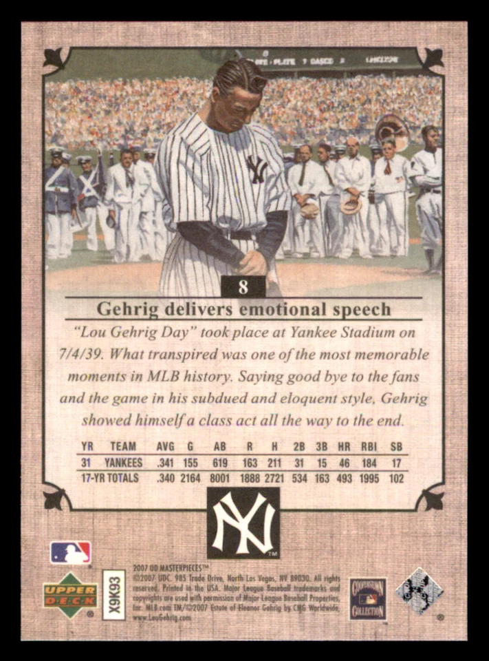 2007 UD Masterpieces #8 Lou Gehrig - Image 2 of 2