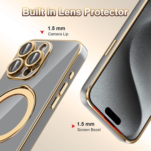 For iPhone 16 15 14 13 12 Pro Max Shockproof Plating PC Ring Stand Mag Safe Case - Picture 26 of 61