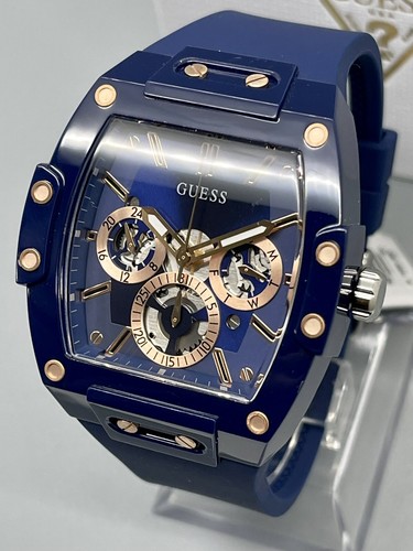 Neu Guess 43mm Phoenix Blue Tonneau Case Dial R Gold Chrono Silicone Strap Watch - Bild 14 von 14