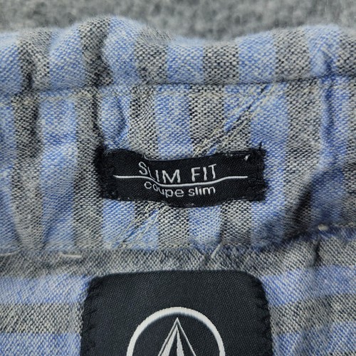Volcom Button Shirt Men XL Blue Striped Slim Fit Short Sleeve Pocket Patch Adult - Picture 16 of 17