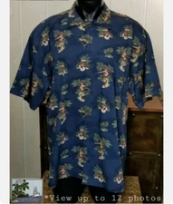AFTCO BLUEWATER Hawaiian Hula Girls Swordfish Ukulele Blue Button Up Shirt Sz XL