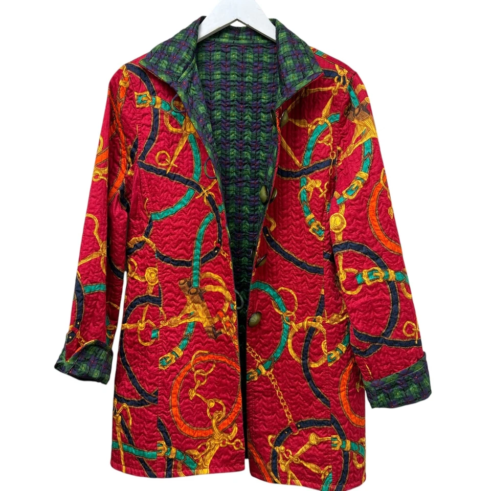 Chaqueta acolchada reversible mediana roja eslabones azul verde a cuadros preppy artística para mujer Foto 2 de 4