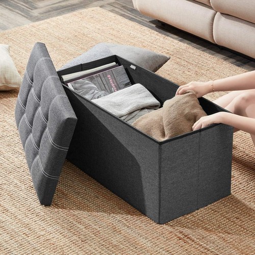Folding Ottoman Grey Linen Fabric Storage Bench 15x30 Inches Footrest - Picture 6 of 11