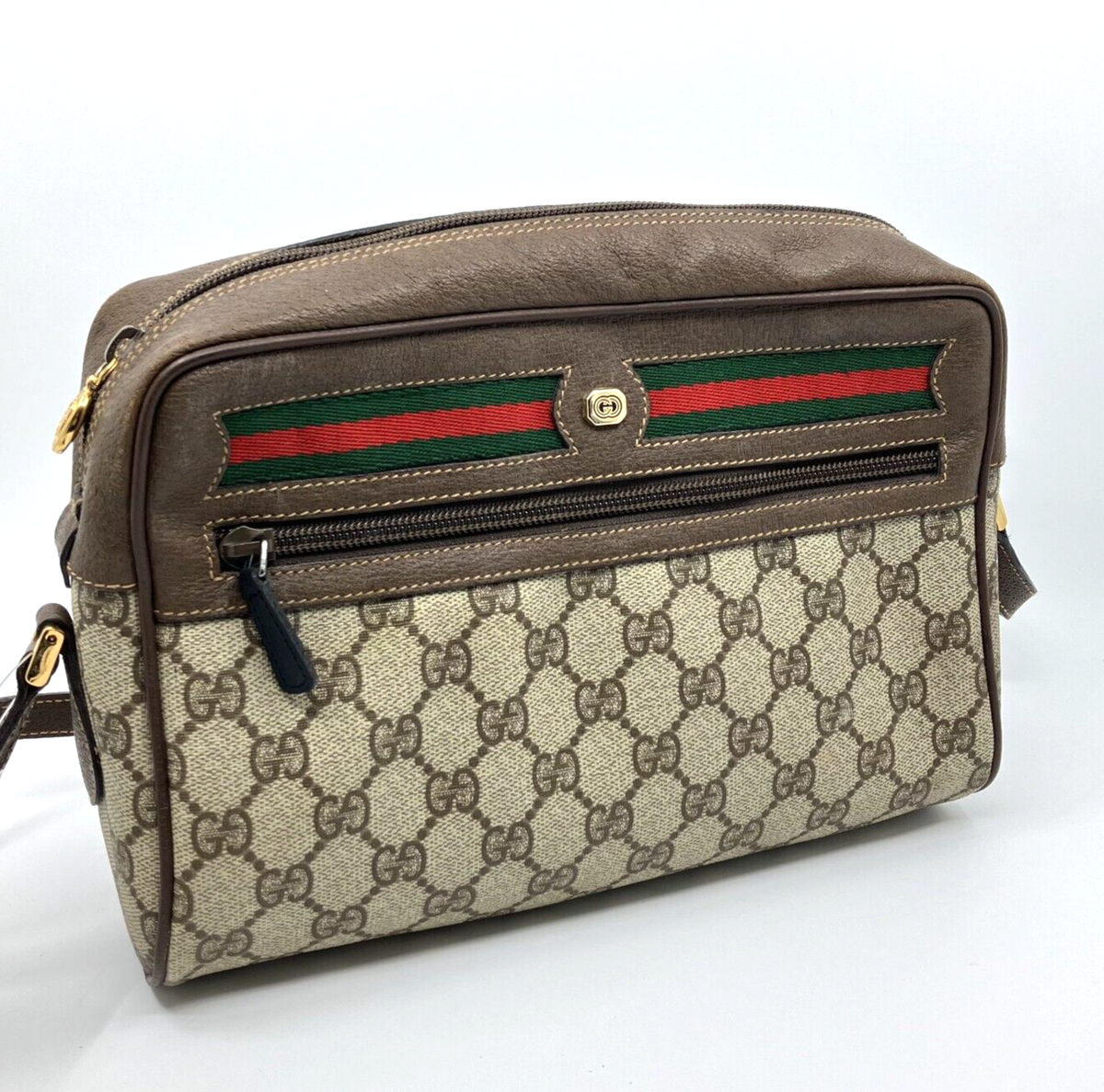 バッグ OLD GUCCI CANVAS LEATHER SHOULDER BAG Vintage 1980s GUCCI GG Web Monogram Leather Crossbody Two