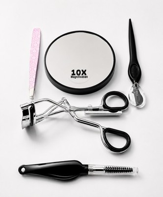 Beauty 360 Eye Essentials Kit Eyelash Curler Tweezers Brow Brush Razor Mirror 