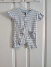 Little Nutmeg Baby Blue & White Striped Bear Romper size 6-9 Months
