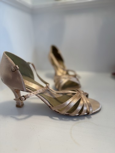 Women's Beige Strappy Ballroom Dance Shoes Low Heel Elegant Latin Performance