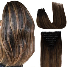 Liz Hair Clip Extensions/Natural Human Hair/14" long/Black Mixed Chestnut Brown