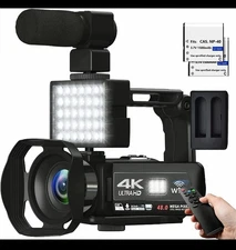 Video Camera 4K 56MP Night Vision Camcorder LED Light Wi-Fi Microphone Remote