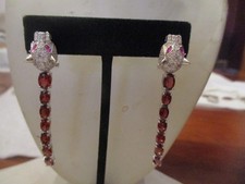 Sterling silver garnet dangle earrings w panther ruby eyes, pave cz