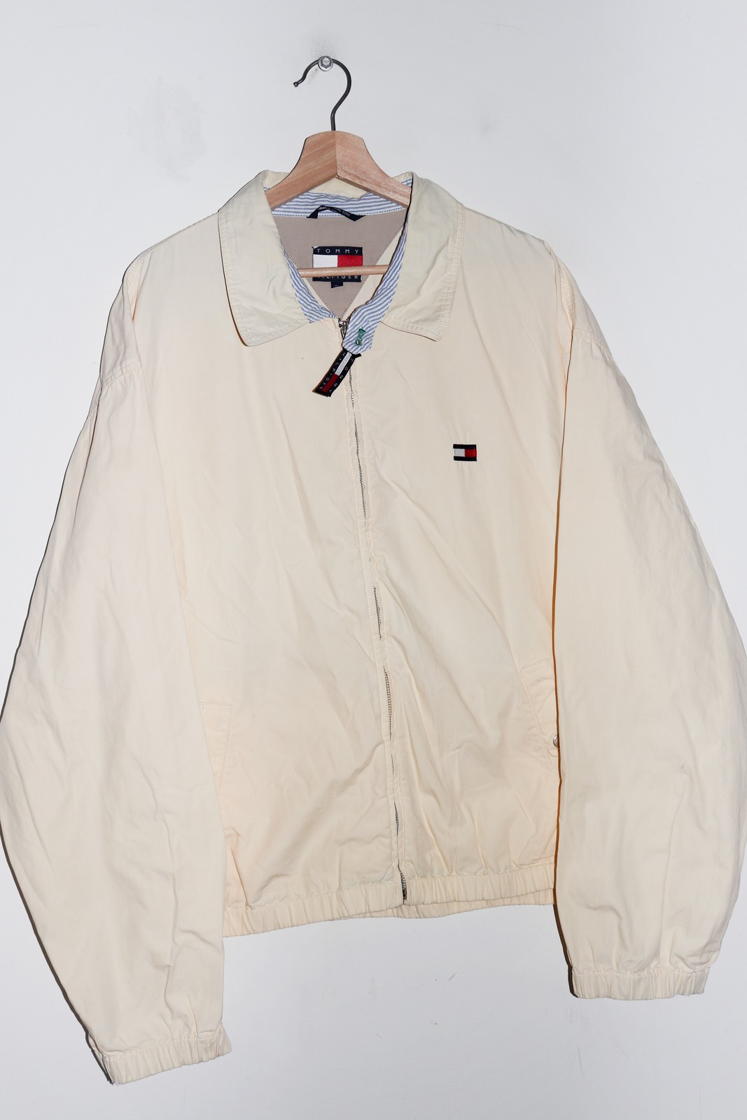 Vintage 90s Tommy Hilfiger Embroidered Flag Logo Cream Harrington Jacket (XL)