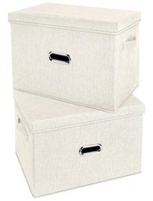 NEW 2-Pack Linen Fabric Foldable Storage Bins w/ Lids  Handles Cream Medium