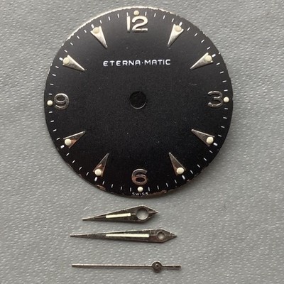 Vintage Eterna Matic Watch Dial & Hands. Black With Silver Indexes 25.2mm