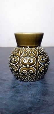 Secla Pottery Vintage Keramik Vase Topf grün glasiert Kunstmotiv 70er Portugal 8cm