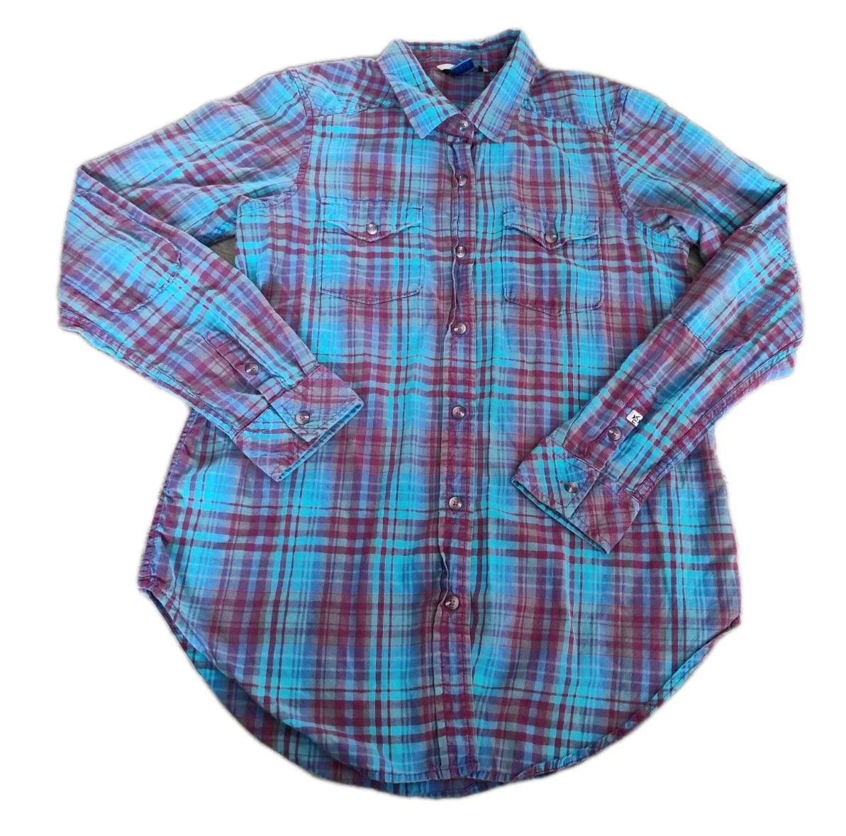Kavu Billie Jean Shirt Plaid Flannel Cotton Campfire Cabin Outdoor Elbow Patches