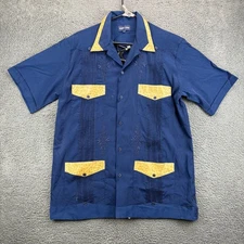 First Line Mens Large Blue Short Sleeve Button Up Shirt Cuban Style