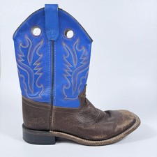 Old West Cowboy Western Boots Kids 3 Brown Blue Leather Square Toe Embroidered
