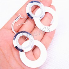 Classic Real 925 Sterling Silver Double Hoop Long Threader Dangle Earrings H892