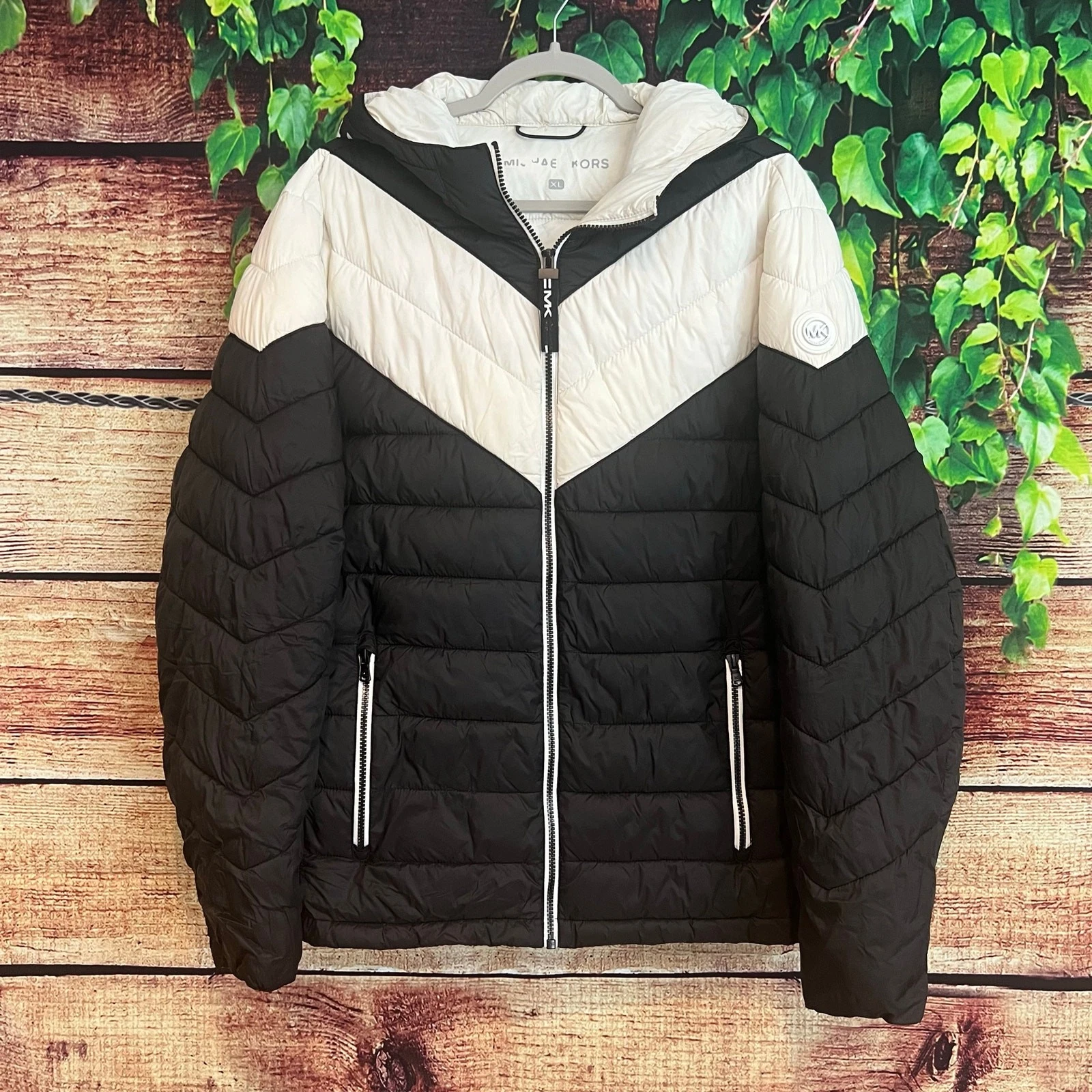 Michael Kors Cappotto Isolato Puffer Giacca Uomo XL Full Zip Spell Out Nero Bianco