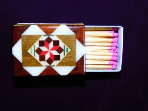 Matchbox Hand-Crafted Geometric Patchwork Art Box Wood W/Matches Sticks