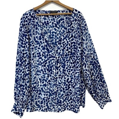 The Limited Button Up Blouse 3X Blue Abstract Long Puff Sleeve Business Casual