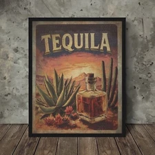 Vintage TEQUILA WESTERN Wall Art, Retro Desert Cactus Botanical Mezcal Poster