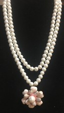 Necklace Goldtone Ivory Double Strand Glass Pearls Pink Enamel Flower Pendent