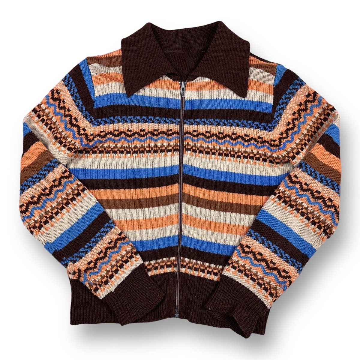 Vintage 70s 80s Cable Knit Stripe Full Zip Collared Sweater Retro