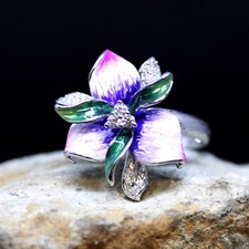 Enamel Pink Purple Orchid Flower Ring with Cubic Zirconias, 14th Anniversary