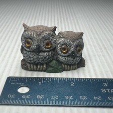 Vintage Pair Of Hoot Owls Sitting On A Log Tan Ceramic Mini Figure 70s Fall