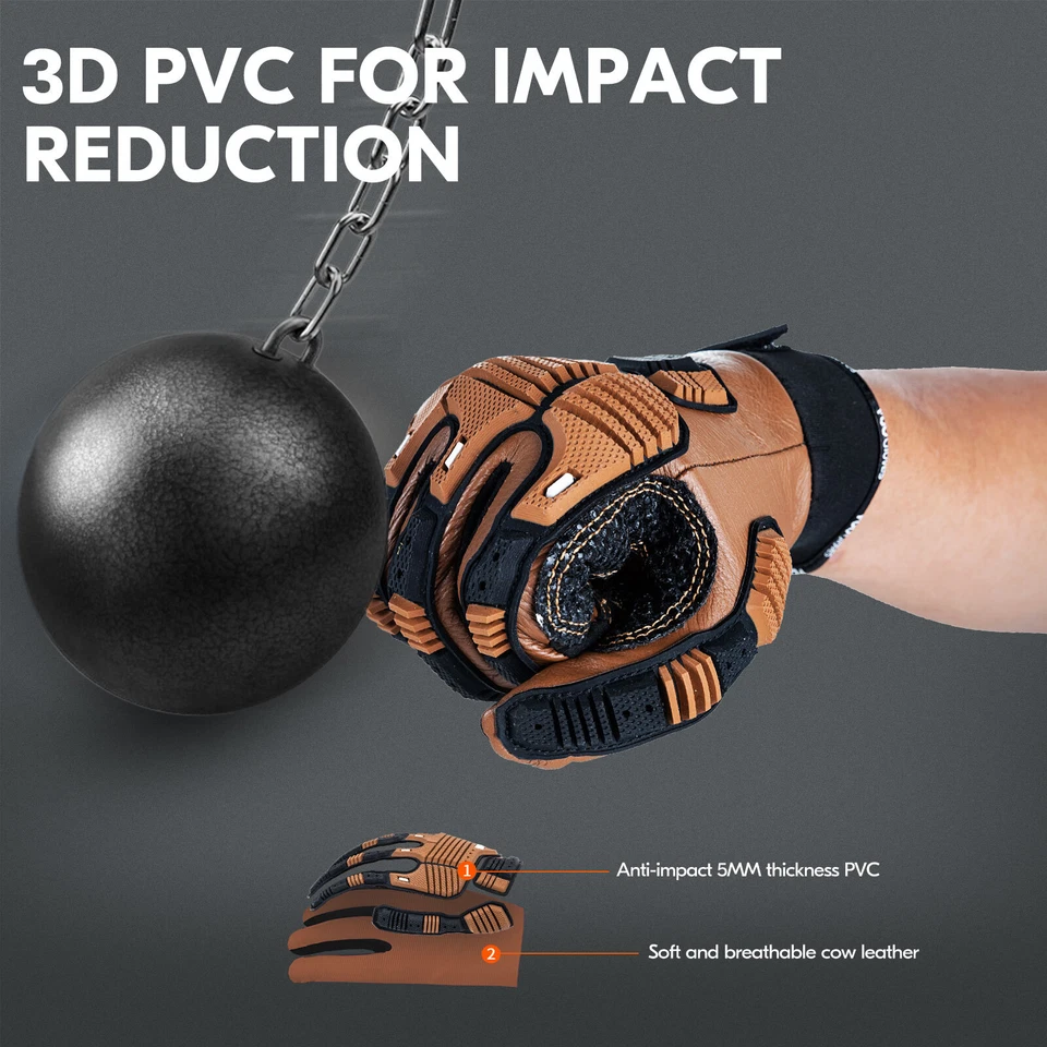 Vgo 1 Pair Cow Leather Impact Mechanic Work Gloves,Water Repellent(CA7722IP) - Image 3 of 4