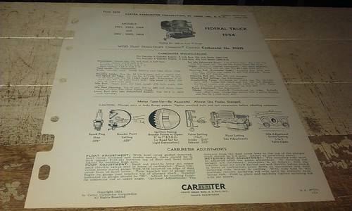 1954 FEDERAL TRUCK - CARTER CARBURETER Specs Leaflet - Picture 2 of 3