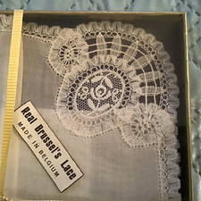 VINTAGE BRUSSELS WHITE WEDDING HANDKERCHIEF WITH LACE NEW IN BOX