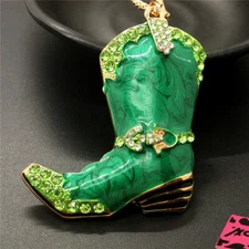 New Fashion Women Green Enamel Cute Lady Boots Crystal Pendant Chain Necklace