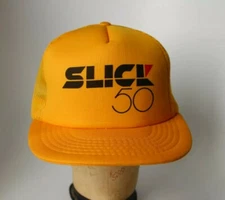 Vintage 1980s Slick 50 Snapback Trucker Yellow Puffy Mesh Hat Cap Yupoong Korea