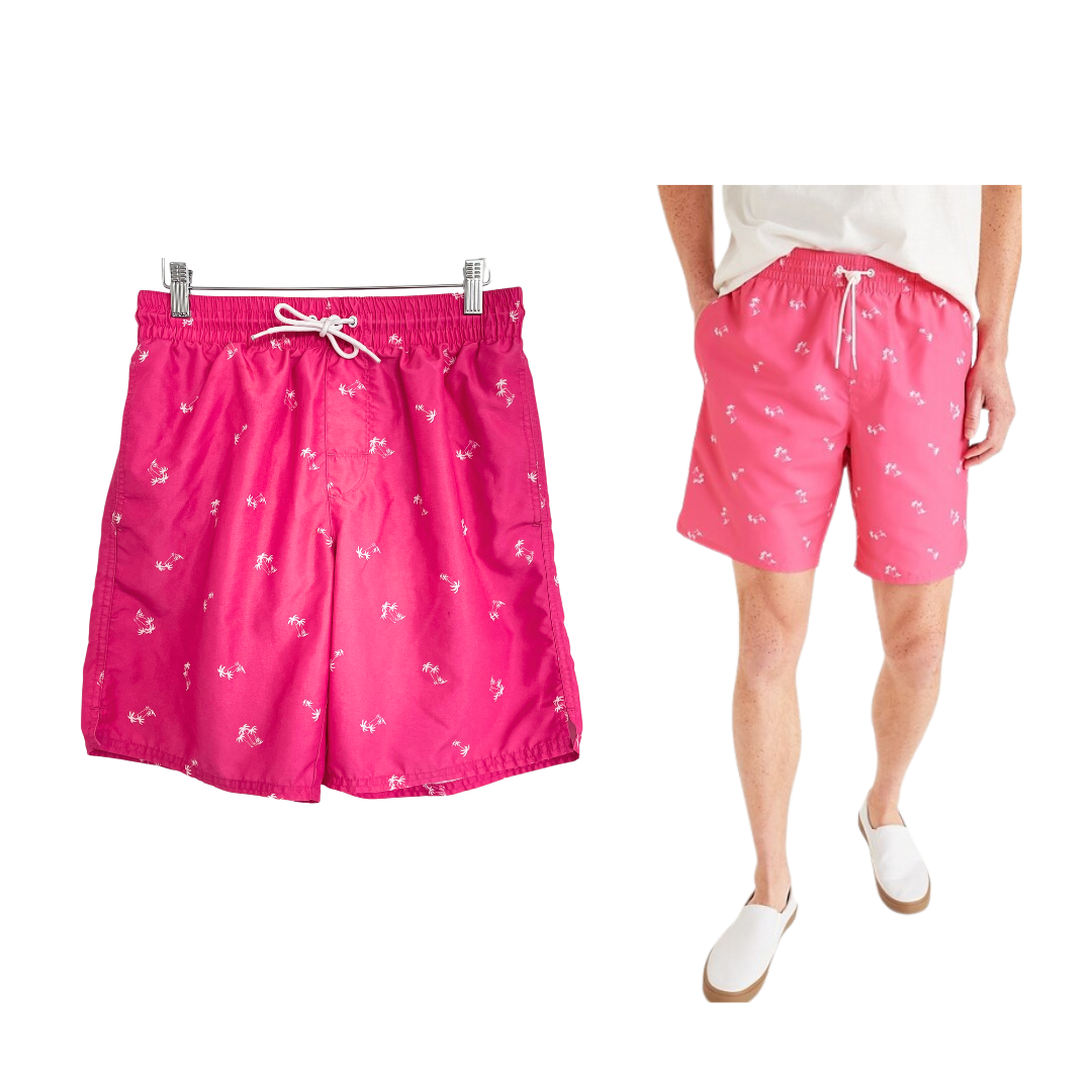 Old Navy Swim Trunks Men Small Pink Palm Trees White 8” Inseam