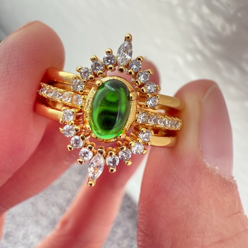 925 Sterling Silver Ring 3in1 6x4mm Green Natural Emerald Gemstone Zircon Dainty