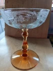 Vtg ELEGANT FLORAL ETCHED peony Champagne Coupe Depression GLASS AMBER Knop STEM