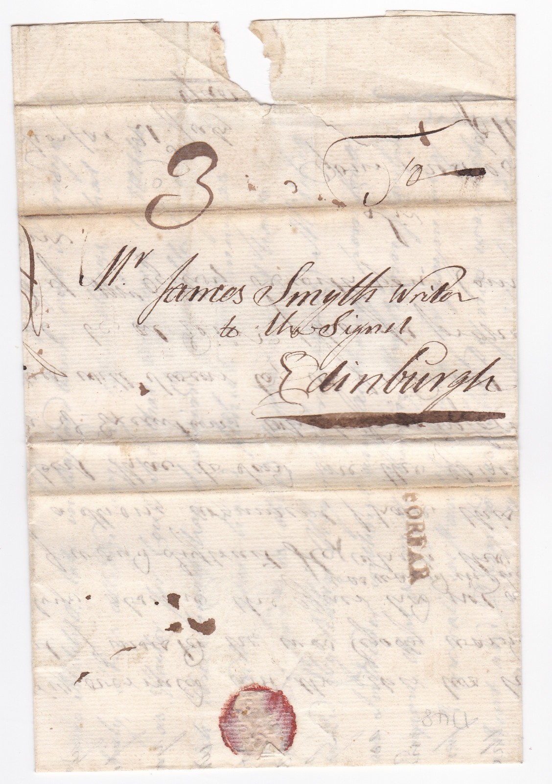 1748 FINE FORFAR NAME-STAMP ON LETTER BY JOHN URE TO JAMES SMYTH AT EDINBURGH