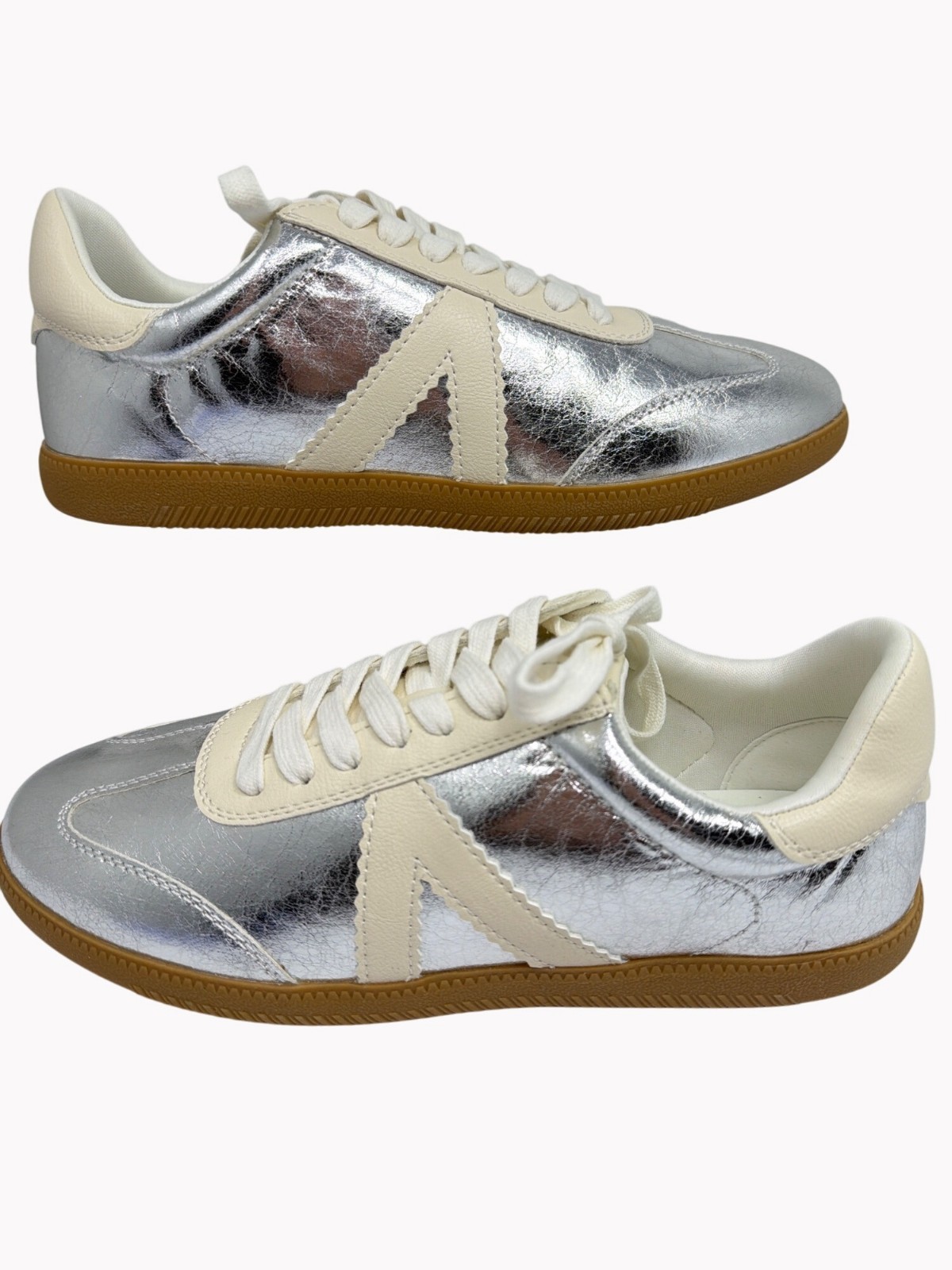 MIA girl Womens 6.5 Silver Metallic Lace Up Sneakers Cream Accents New