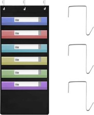 6 Pocket Hanging Wall File Organizer with Hooks   Door Storage Chart Black