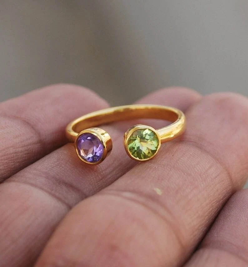 Natürlich Amethyst Und Peridot Damen Ring 14k Gelbgold Versilbert Ring - Bild 3 von 4