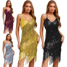Womens Dress Glitter Costume Sleeveless Dancewear Tiered Latin Lace-up V-Neck