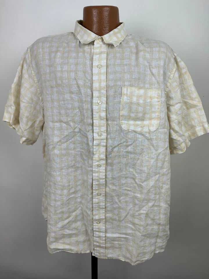 Lands End Linen Shirt Men XL Button Up Beige Check Beach Resort Travel Outdoors - Image 2 of 4