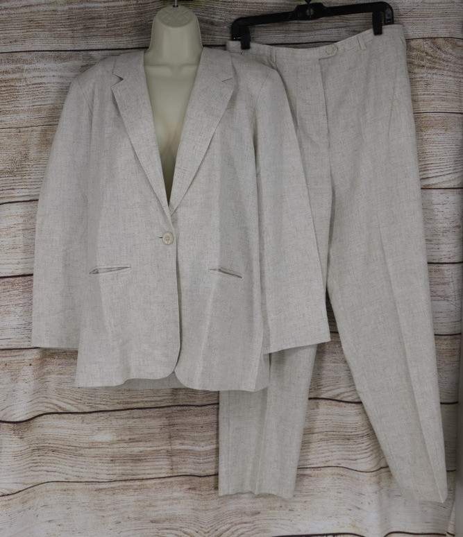 VINTAGE Womens Size 16 Linen Jacket Blazer & Pleated Pant Set Beige Khaki