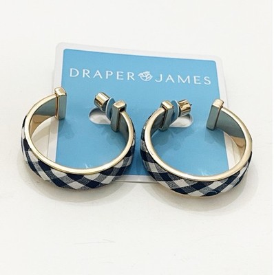 Draper James Navy Gingham Hoop Earrings Gold Tone Wide Band NWT Gift For Her