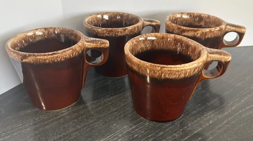 Lot of 4 Vintage HULL Brown Drip Glaze O Handle Coffee Mug Cup Oven Proof USA