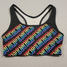PINK Victorias Secret Sports Bra Size XS Black Ultimate Rainbow Logo Workout Top