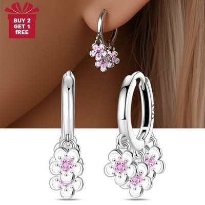PANDACH 925 Sterling Silver Pink Cherry Blossom Dangle Earrings For Women Hoops
