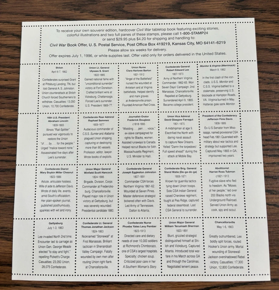 Civil War, Pane of 20 USPS stamps, New, Unused, Scott #2975, 32c, - Image 2 of 3